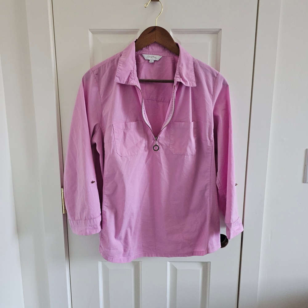 Coral Bay Womens Pink Quarter Zip Roll Tab Sleeve Popover Top Ribbed Panels L